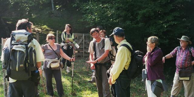 Benoit Courant, guide accompagnateur en montagne avec un groupe en forêt